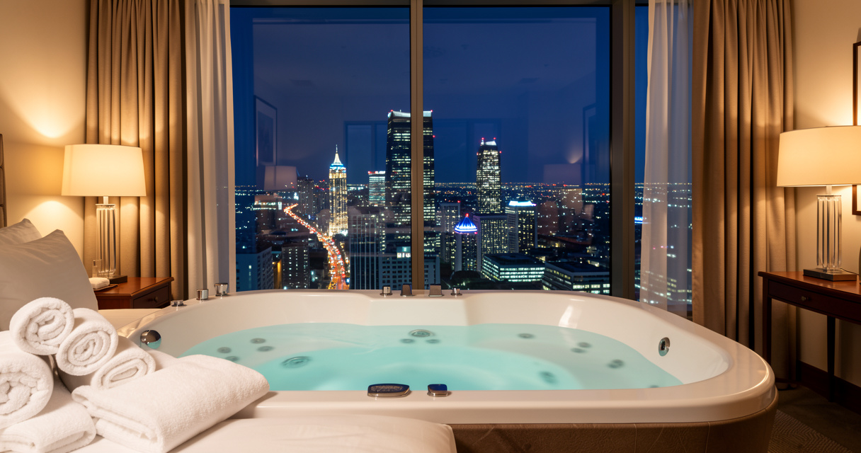 Luxurious hotel room with private jacuzzi bathtub overlooking city skyline