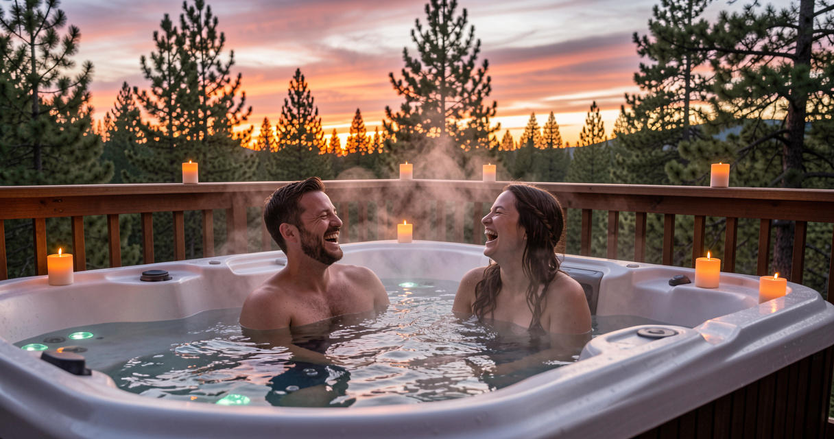 Couple relaxing in private hot tub on hotel balcony with mountain view
