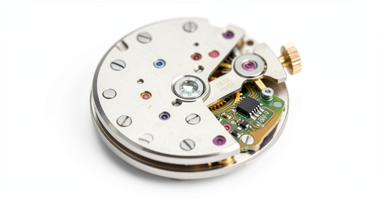 Quartz watch movement close-up showing battery and quartz crystal