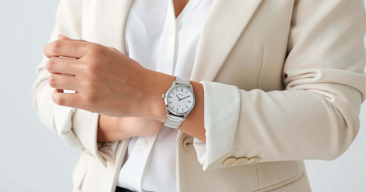 Guide to silver watches for women featuring a silver watch on a wrist with office outfit