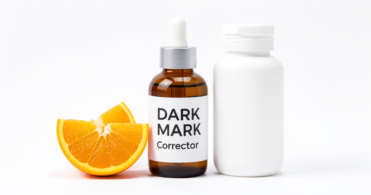 Dark mark corrector serum bottle with vitamin C oranges on white background highlighting brightening ingredients