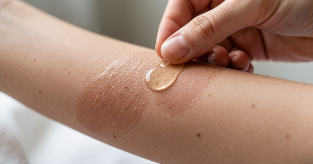 Close up hand applying serum to uneven skin tone and dark spots demonstrating proper usage