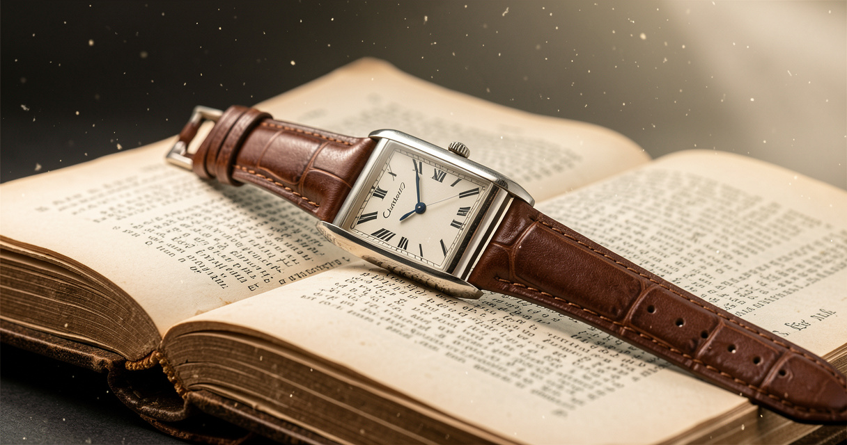 Vintage Cartier Tank Louis watch with leather strap on antique book.