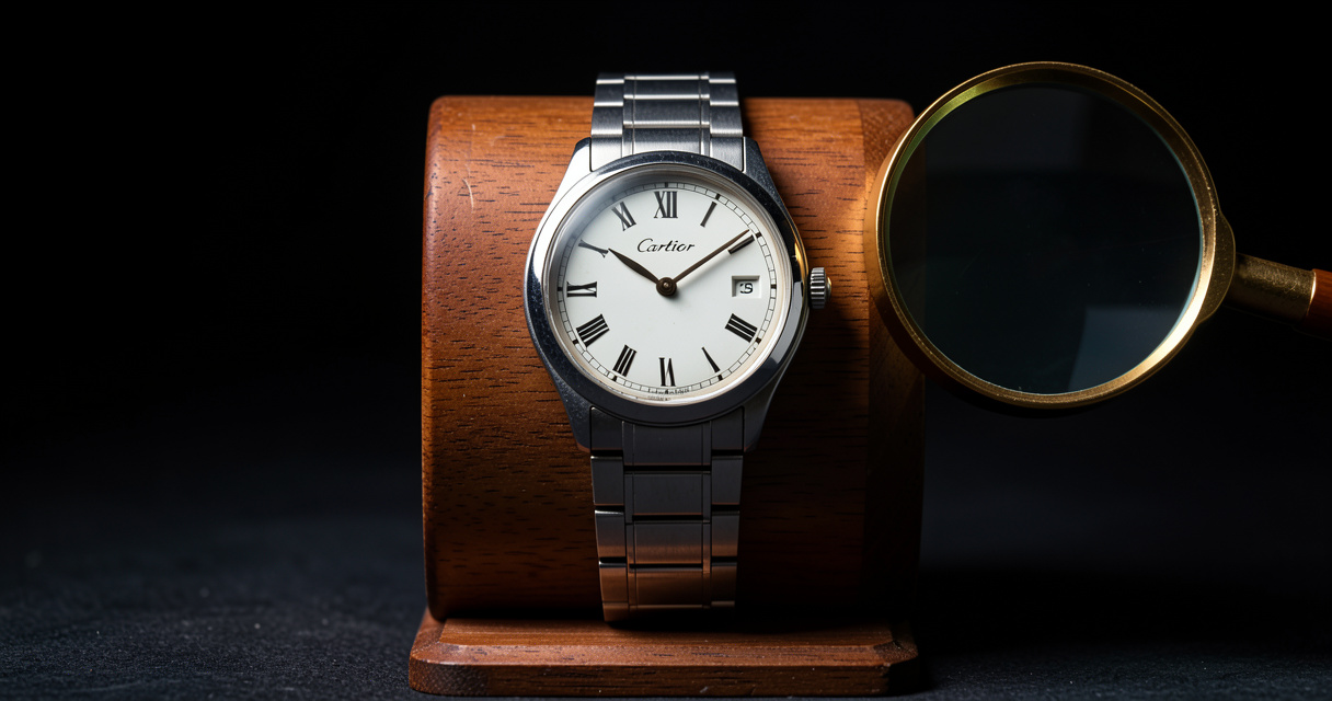 Vintage Cartier Santos Galbée steel watch on wooden stand.