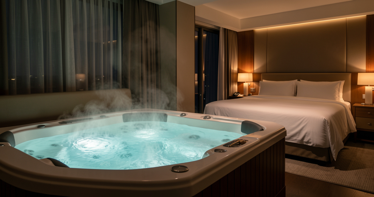 Luxury hotel room with private in-room hot tub and king bed for romantic getaway