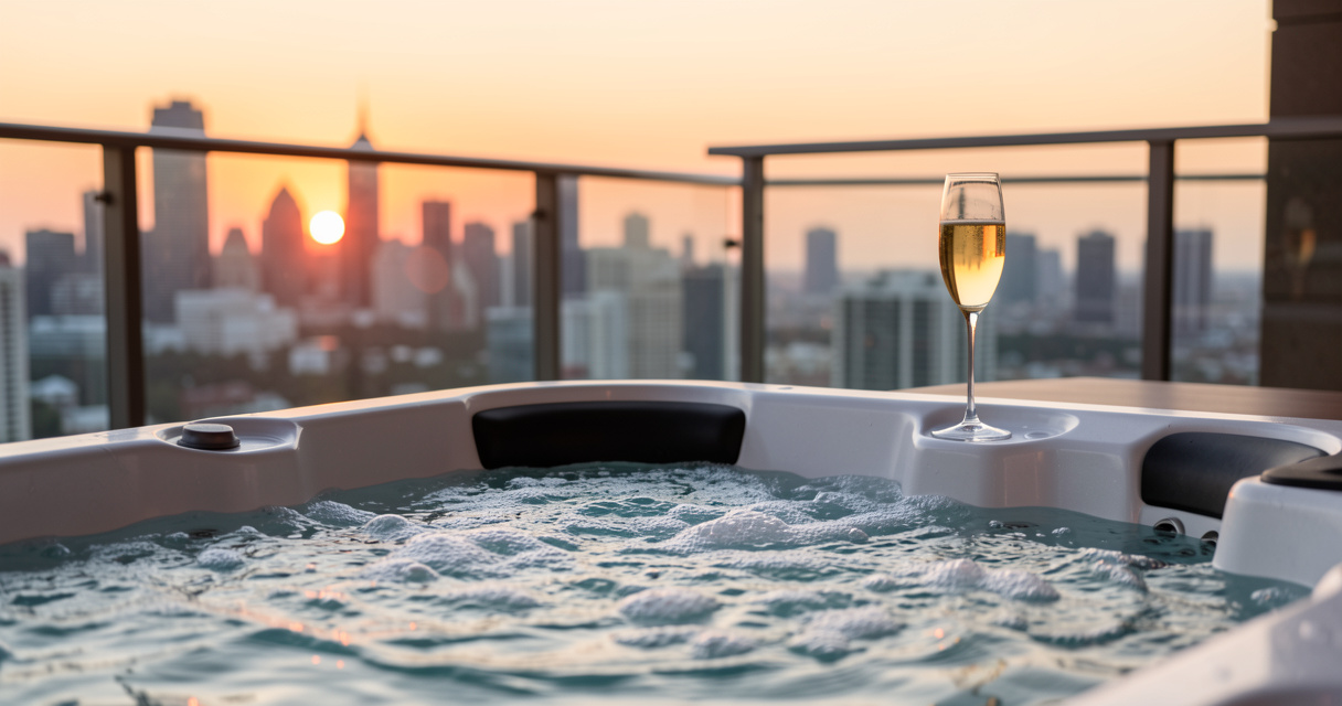Private outdoor hot tub on balcony overlooking city skyline at sunset for hotels with hot tub in room
