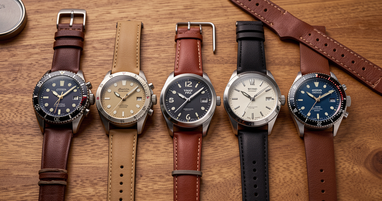 Best watches under 1000 dollars flat lay featuring Citizen, Hamilton, Tissot, Seiko and microbrand GMT on wooden desk