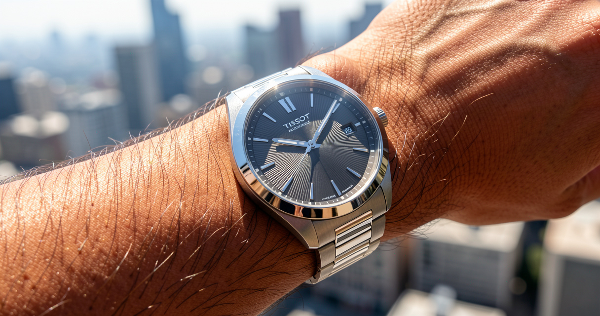 Tissot PRX Powermatic 80 automatic watch on wrist with sunburst dial and steel bracelet in natural light