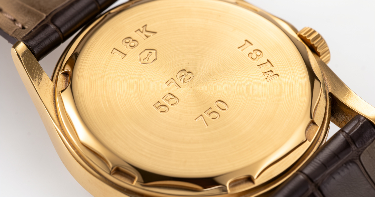 Close-up of gold watch case back showing 18K 750 hallmark indicating solid gold