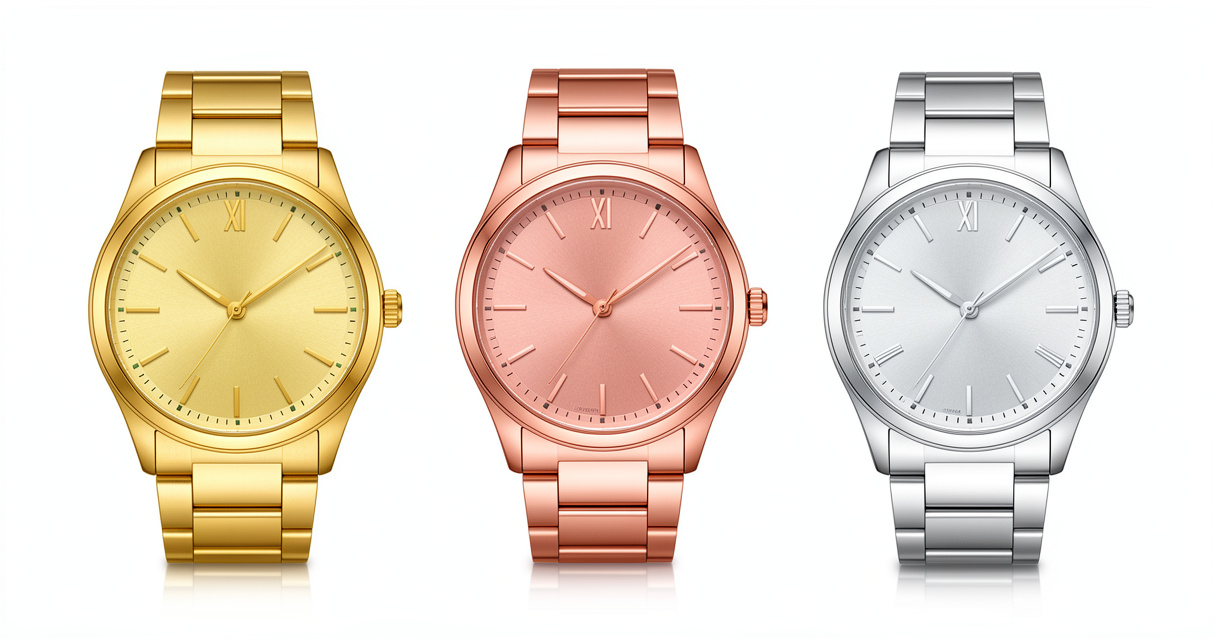 Three gold watches in yellow, rose and white tones illustrating alloy color differences
