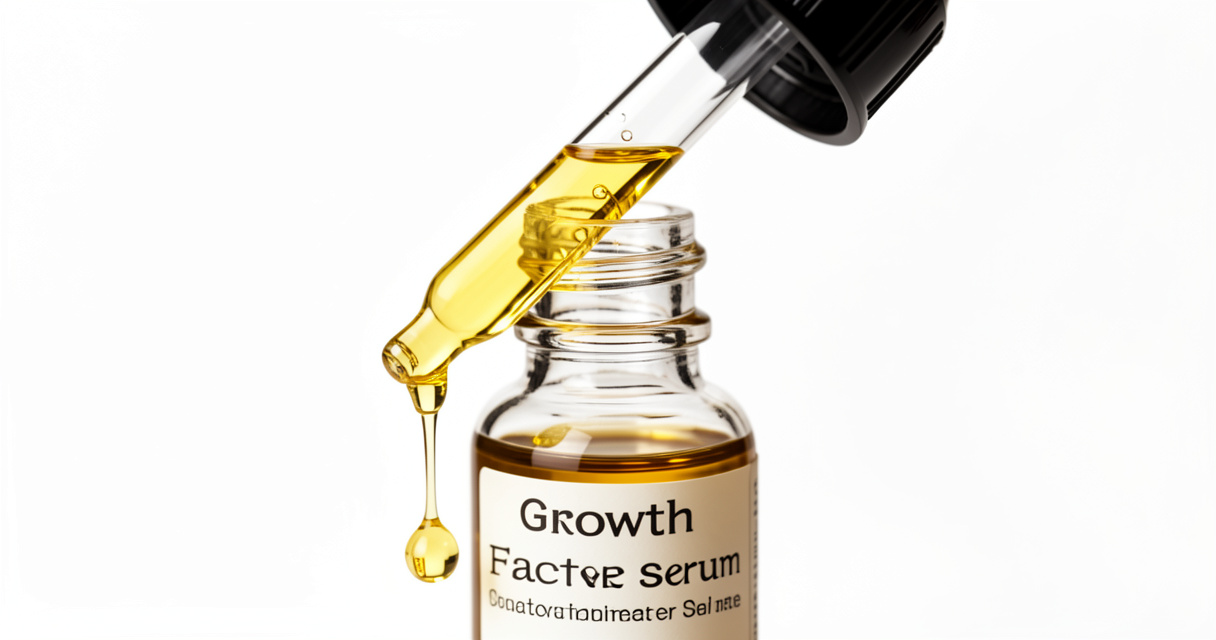 Growth factor serum dropper with golden oil texture for anti-aging skincare