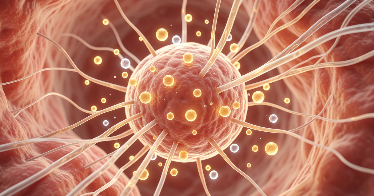 Microscopic view of fibroblast cell and collagen renewal stimulated by growth factors
