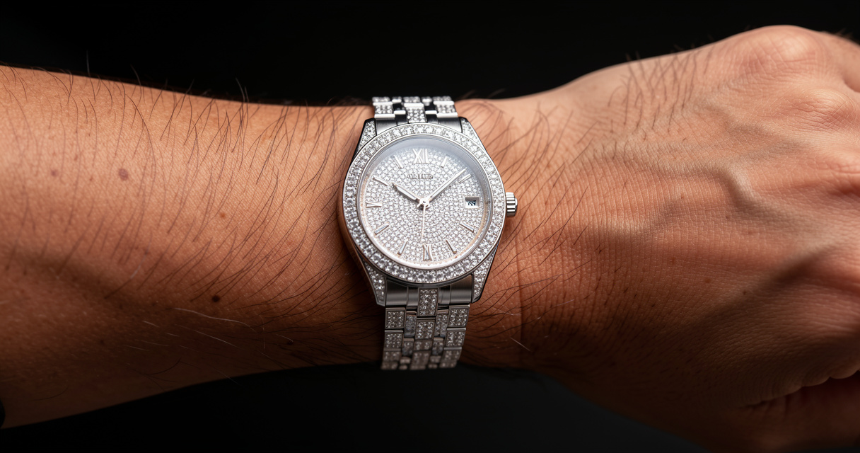 Close-up of men's diamond watch with bezel and bracelet on wrist
