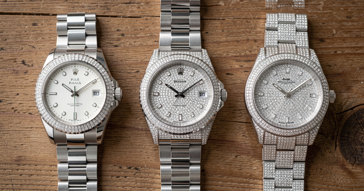 Flat lay of three men's diamond watches including Rolex and moissanite