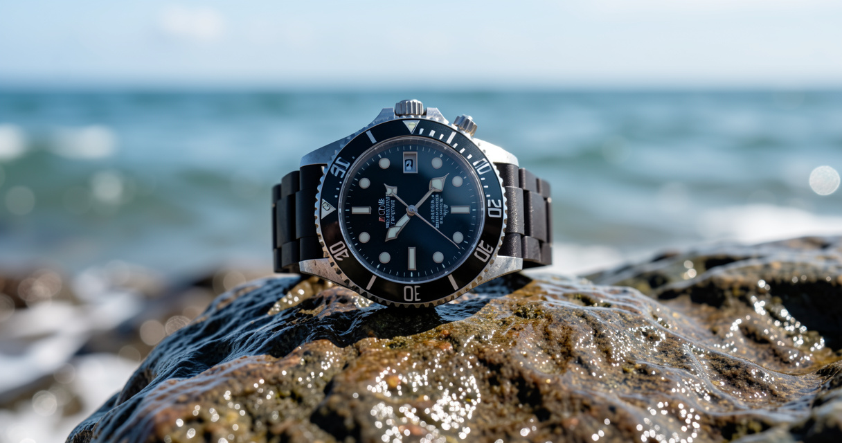 Rolex Submariner luxury dive watch on wet rock by the ocean showing unidirectional bezel and luminous markers.