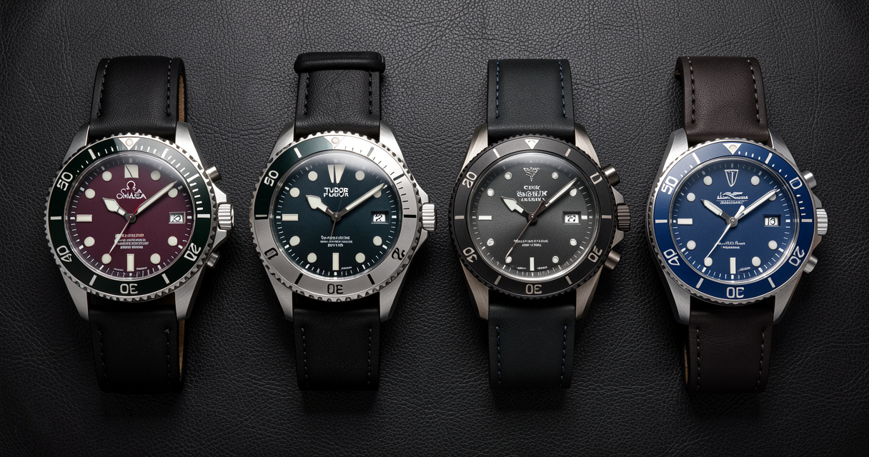 Four luxury dive watches including Omega and Tudor arranged on leather surface for comparison guide.