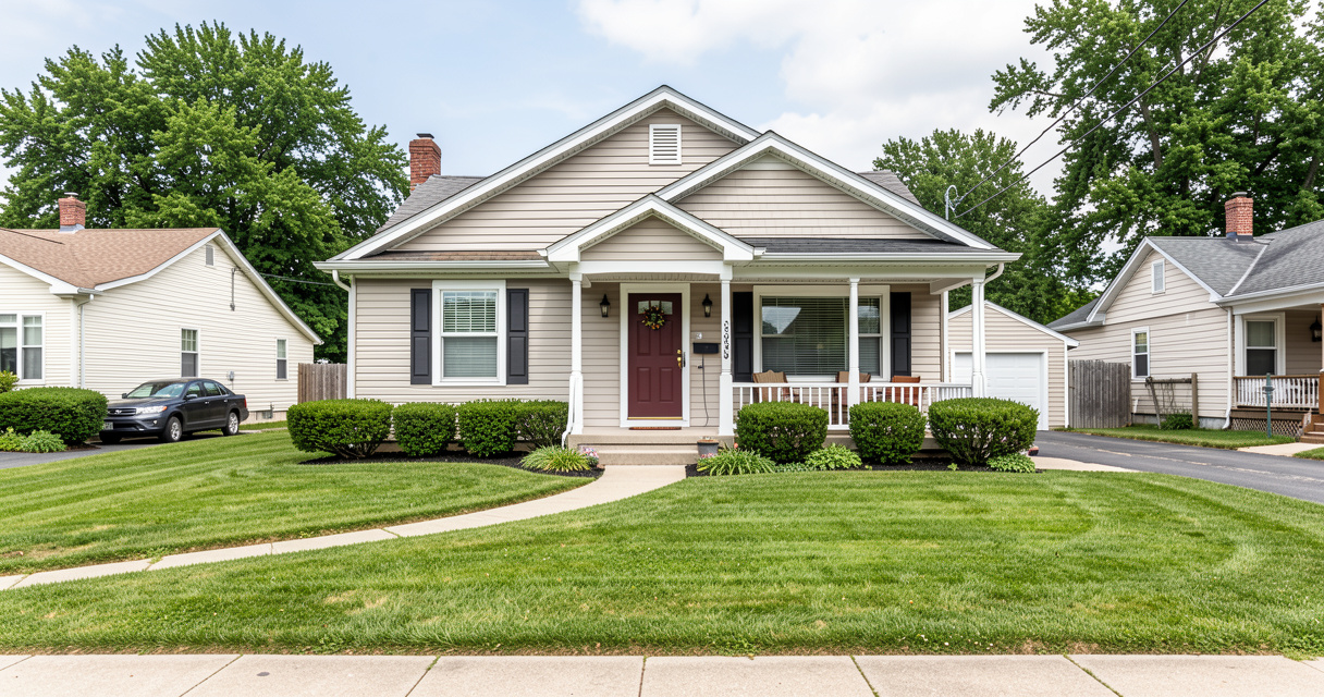 Small affordable home for sale under 100k in US suburb, front view
