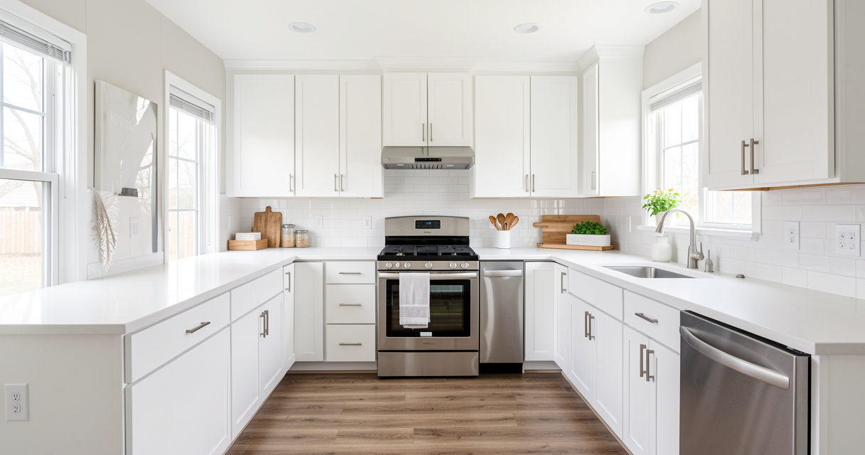 Modern renovated kitchen in a house under 100k budget, bright and clean