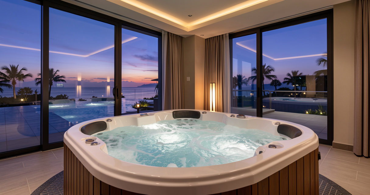 Luxury hotel room with private hot tub and ambient lighting