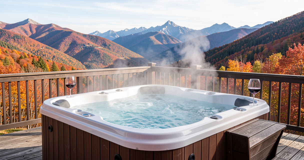 Hot tub with mountain view in autumn landscape