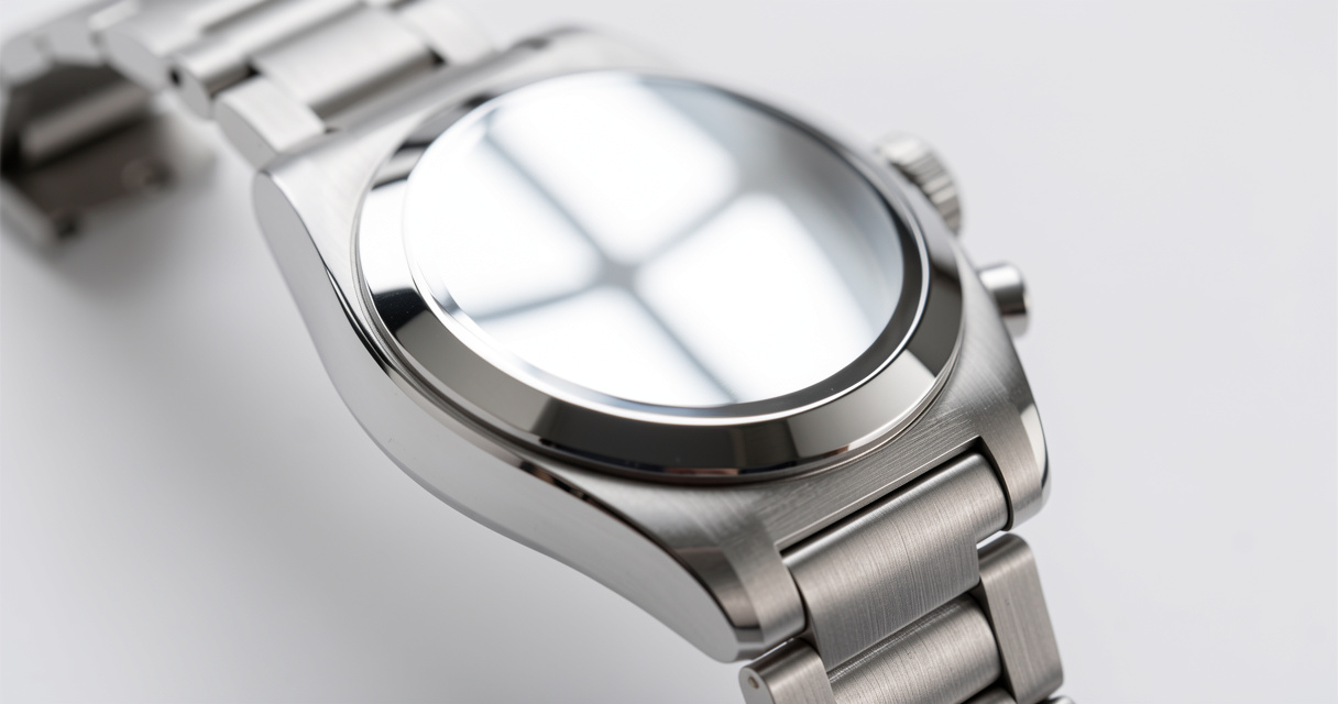 Close up of polished stainless steel watch case with brushed bracelet texture