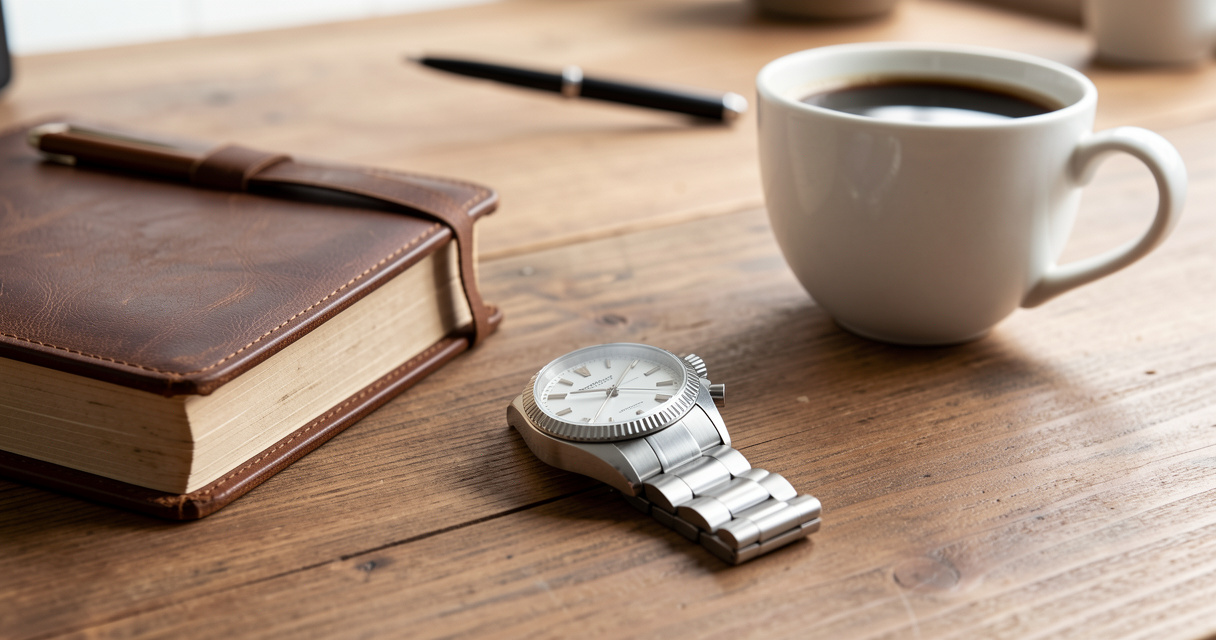 Stainless steel watch placed on desk with coffee cup for everyday wear context