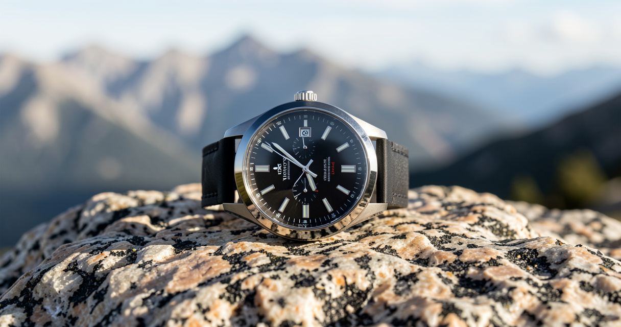 Victorinox I.N.O.X. watch on granite rock showing rugged durability and Swiss craftsmanship