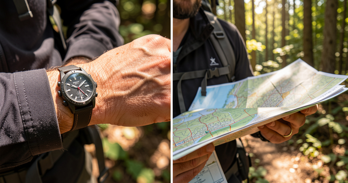 Victorinox Fieldforce watch on hiker wrist with map for outdoor adventure style