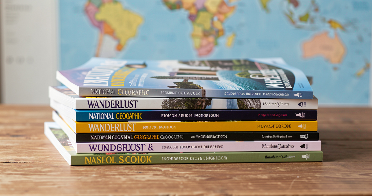 Stack of best travel magazines for 2026 including National Geographic and Wanderlust on table