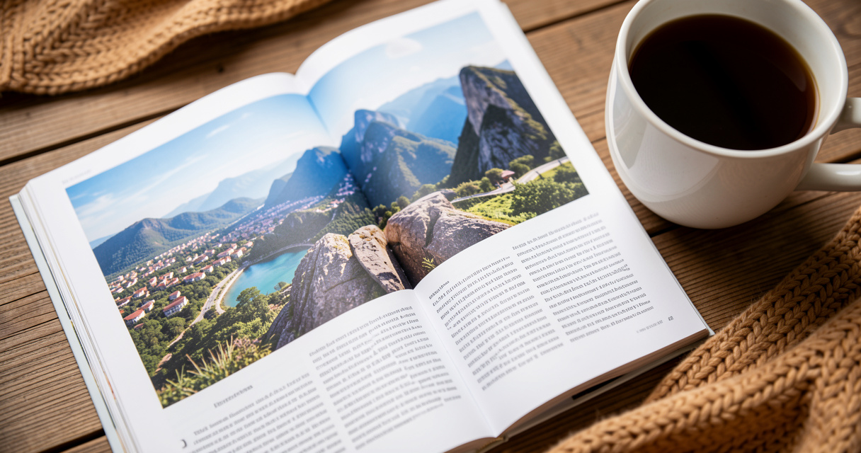 Open travel magazine page with beautiful landscape photo for best travel magazines article