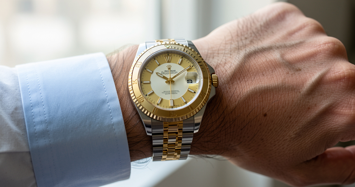 Two-tone Rolex Datejust wrist shot gold and steel bracelet luxury