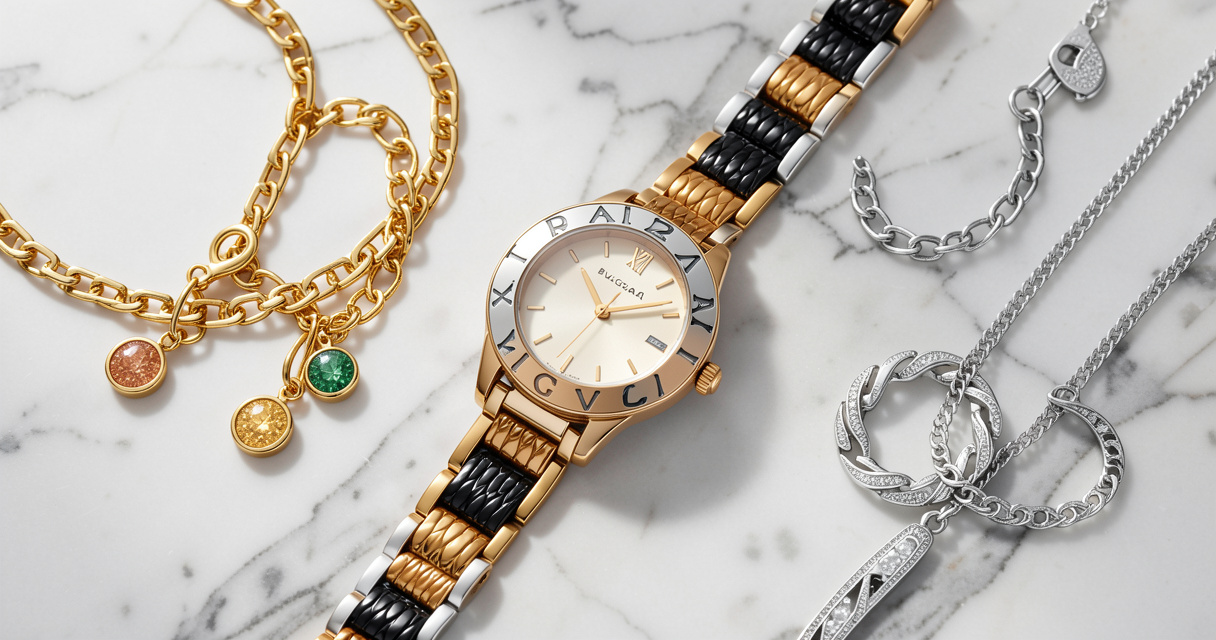 Bulgari Serpenti two-tone watch flat lay with gold silver jewelry
