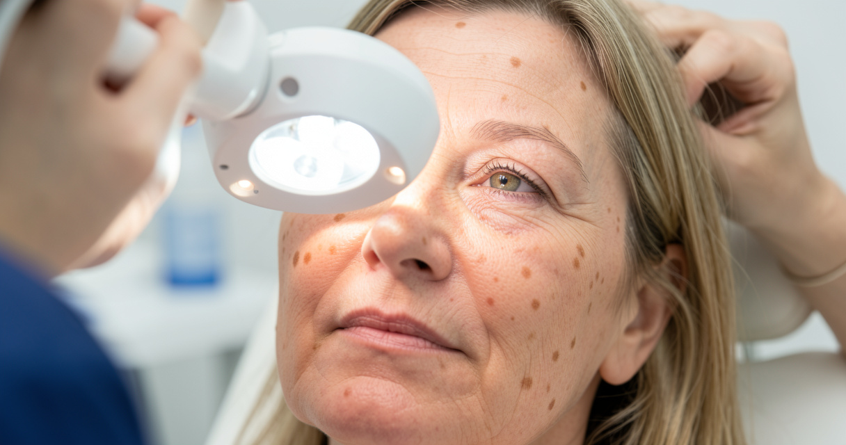 Dermatologist examining sun spots on a patient's face with a medical lamp