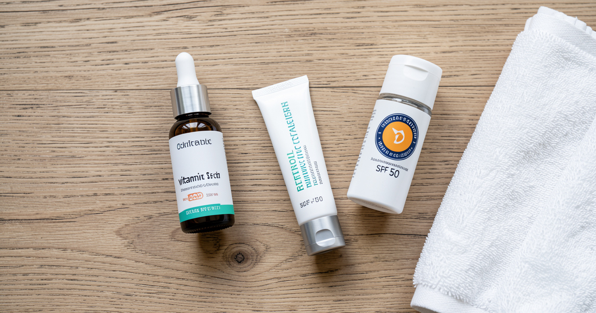 Skincare routine products including vitamin C serum and sunscreen for fading sun spots