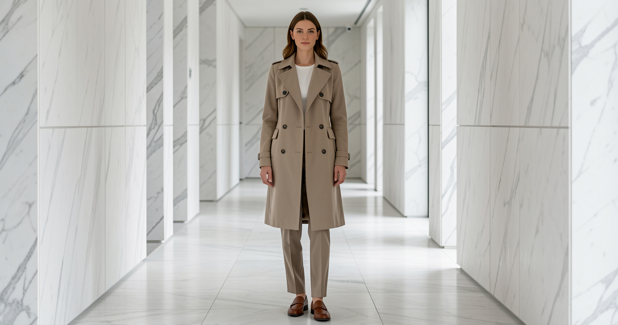 Woman wearing quiet luxury trench coat and trousers in neutral colors