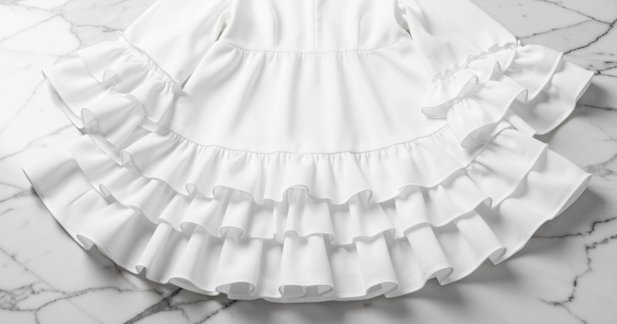 Close-up of white frill dress showing cascading ruffle details on marble surface