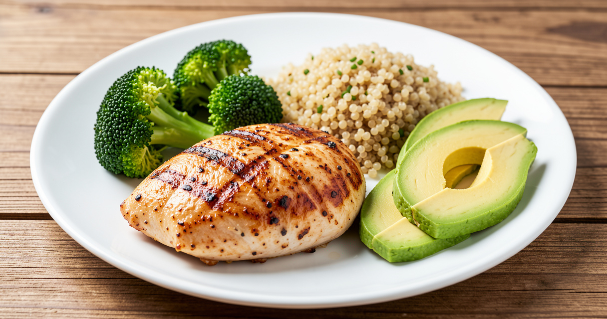 High-protein meal for lean weight loss with chicken, broccoli, quinoa, and avocado