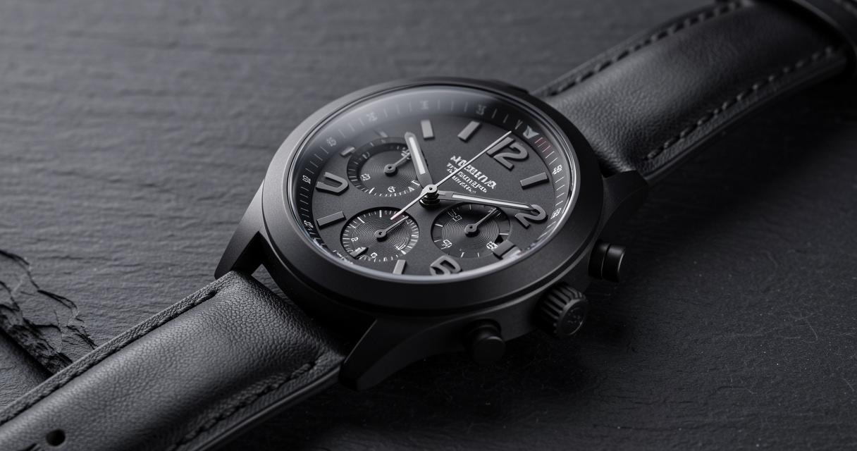 Close-up black on black watch matte finish on slate surface