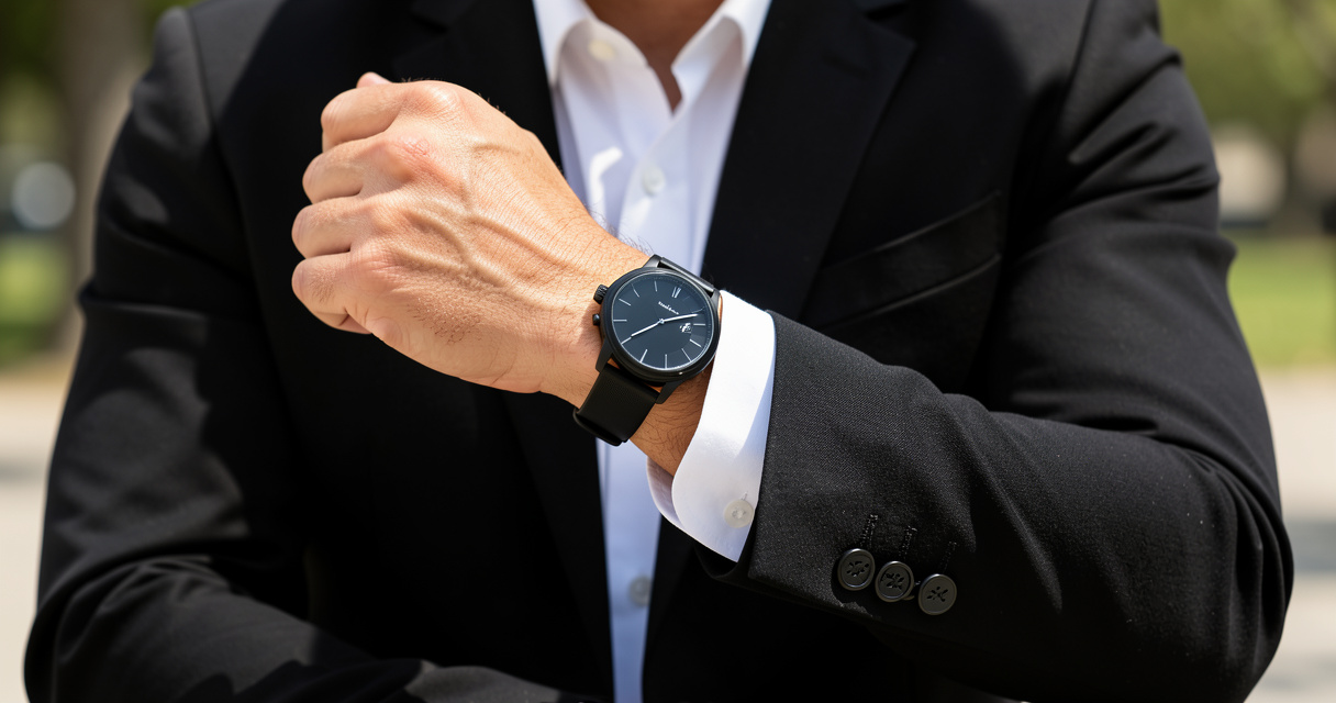 Man wearing black on black watch with white shirt and blazer