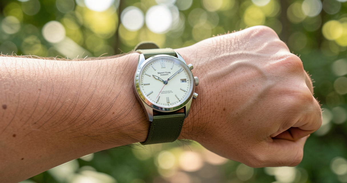 Hamilton Khaki Field automatic watch on wrist wearing green NATO strap