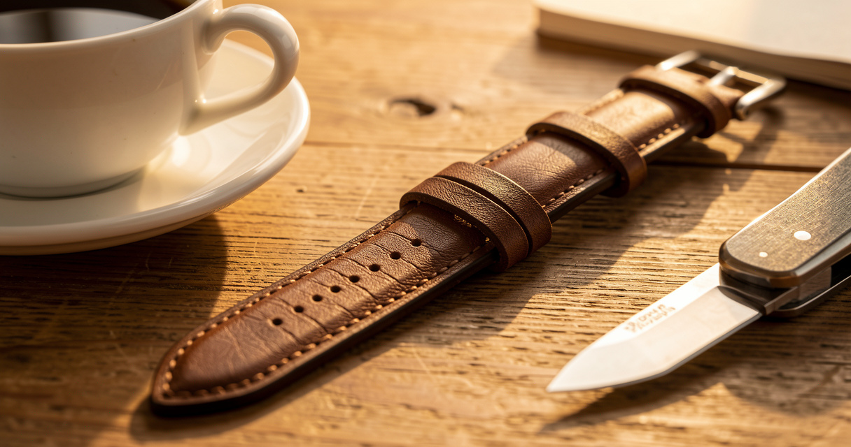 Brown leather watch strap with stitching on wooden desk