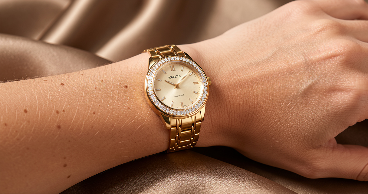 Gold bracelet watch on sale with diamond bezel on woman's wrist, luxury style