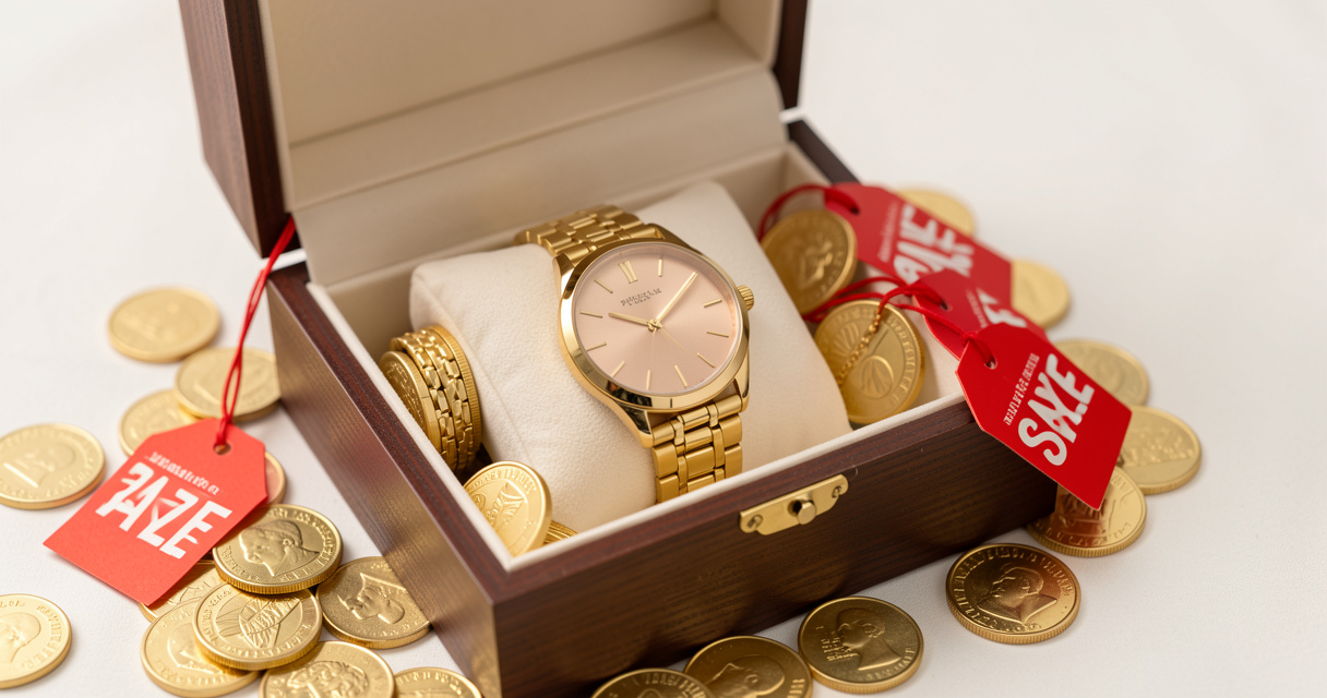 Open jewelry box with gold bracelet watch and sale tags showing discounted price