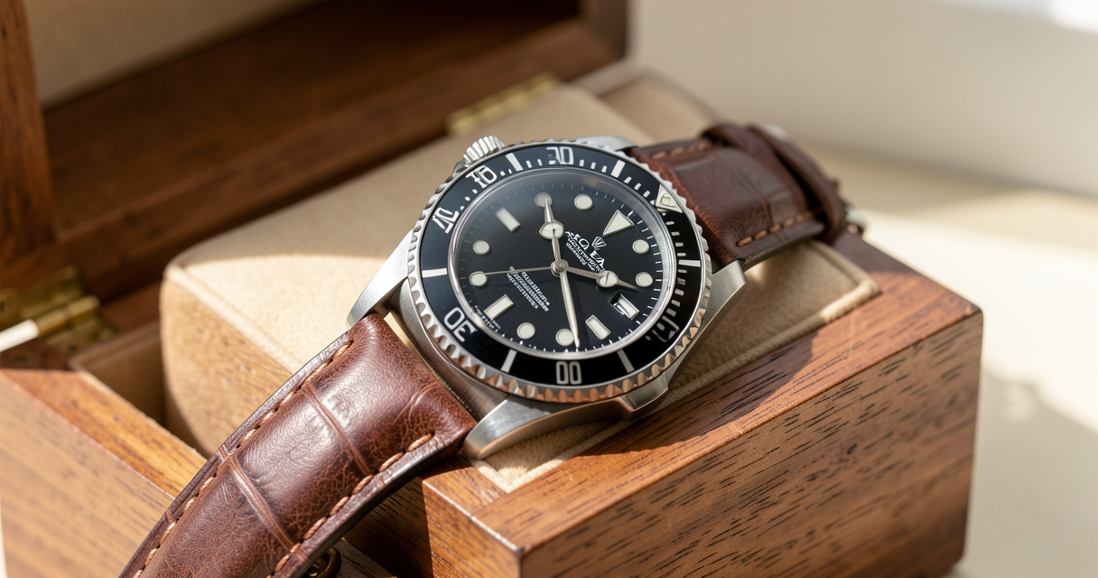 Close-up of Rolex Submariner luxury watch on leather strap on wood surface