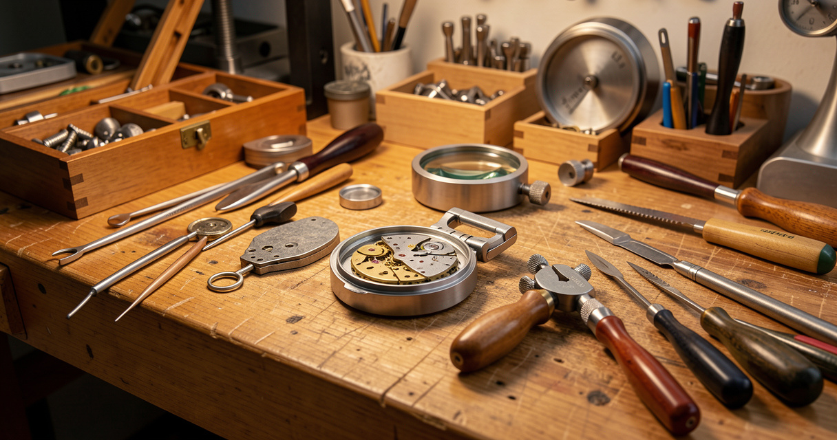 Watchmaker's bench with tools and open mechanical movement craftsmanship