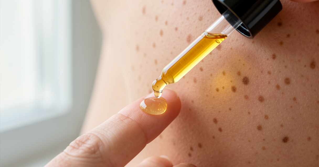 Brightening serum dropper dispensing golden serum near skin with dark spots