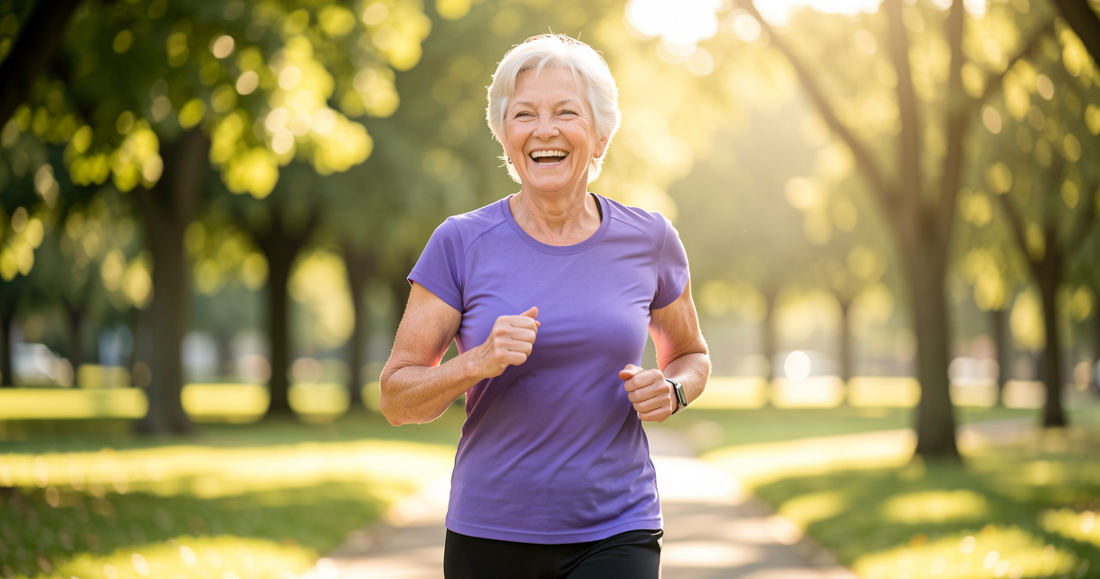 Senior woman jogging in park to feel younger and stay active
