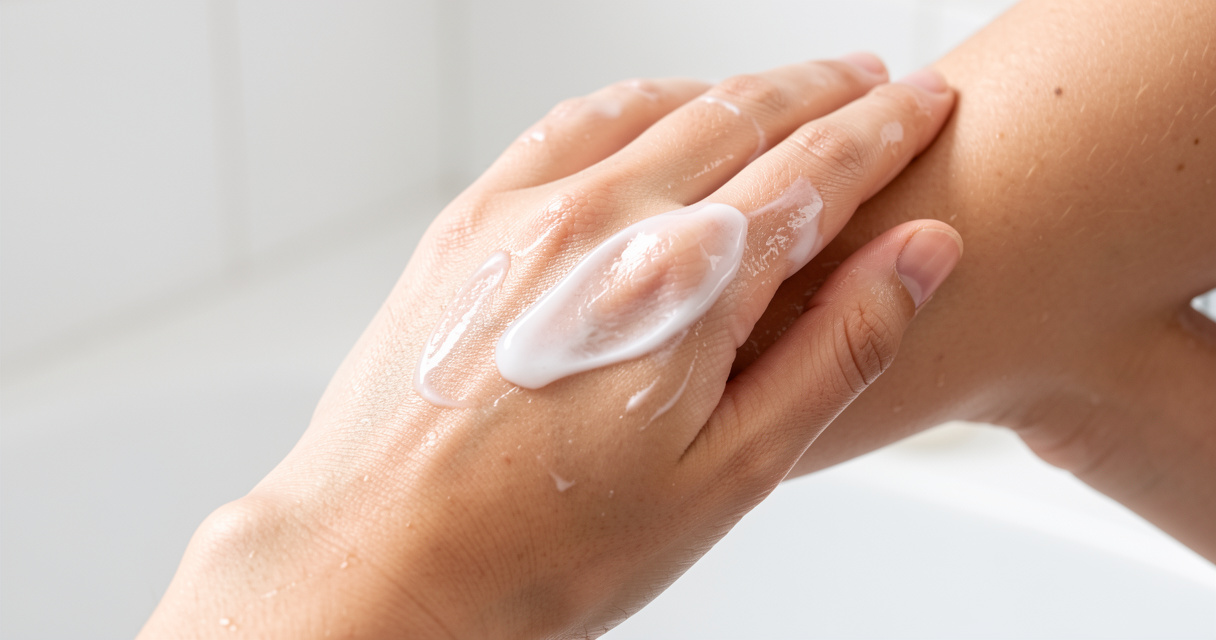 Gentle cleansing step for sensitive skin using a non-foaming gel cleanser on damp face