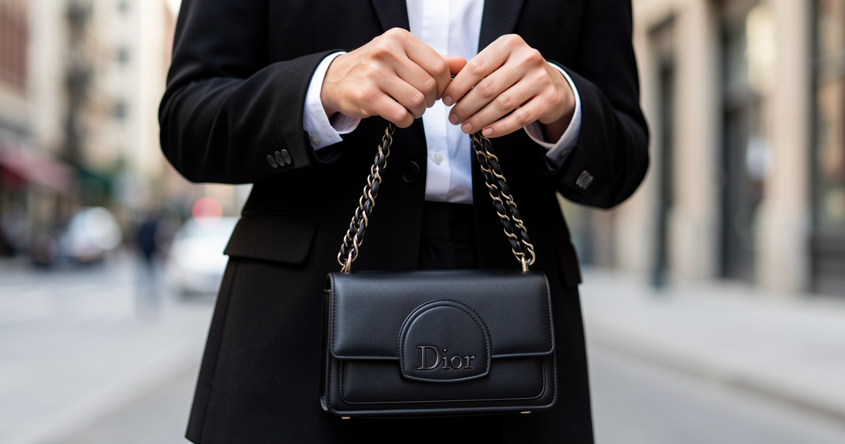 Hand holding black Dior Diorama crossbody bag with chain strap in street style outfit