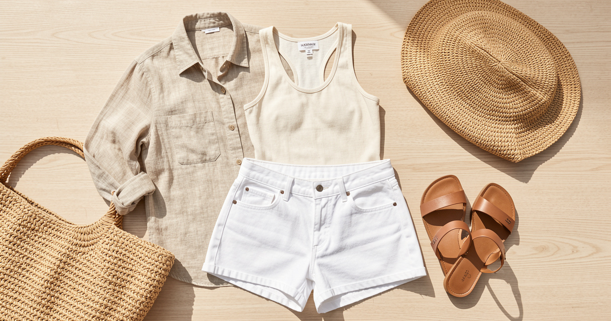 Flat lay of summer apparel essentials including linen shirt and shorts for warm weather
